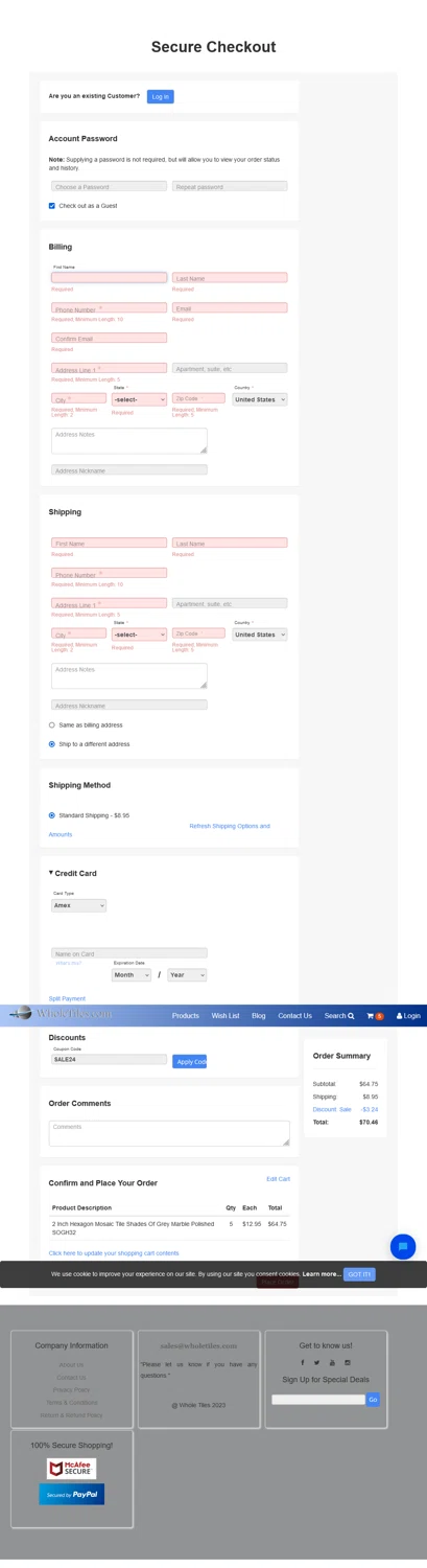 WholeTiles.com checkout page showing WholeTiles.com coupon code box | Screenshot taken by SimplyCodes community member on May 16, 2024