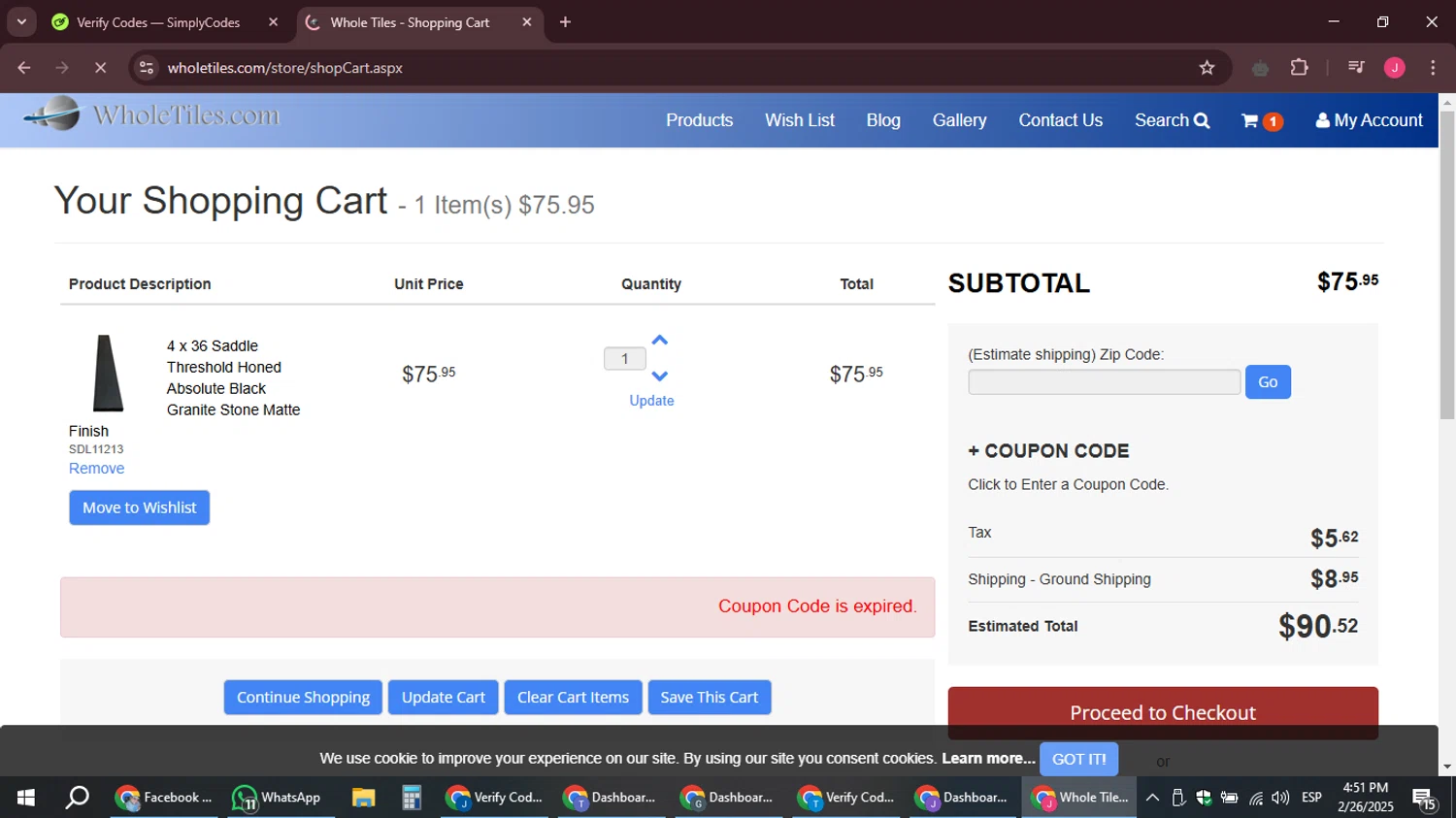 WholeTiles.com coupon code screenshot showing code JULY4 applied at WholeTiles.com checkout page. Uploaded by SimplyCodes community member JackWilson63 on Feb 26, 2025