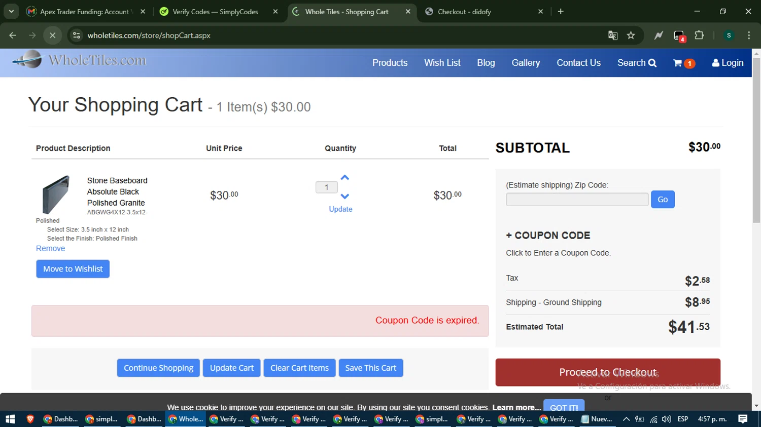 WholeTiles.com coupon code screenshot showing code JULY4 applied at WholeTiles.com checkout page. Uploaded by SimplyCodes community member ShrewdAce7935 on Feb 26, 2025
