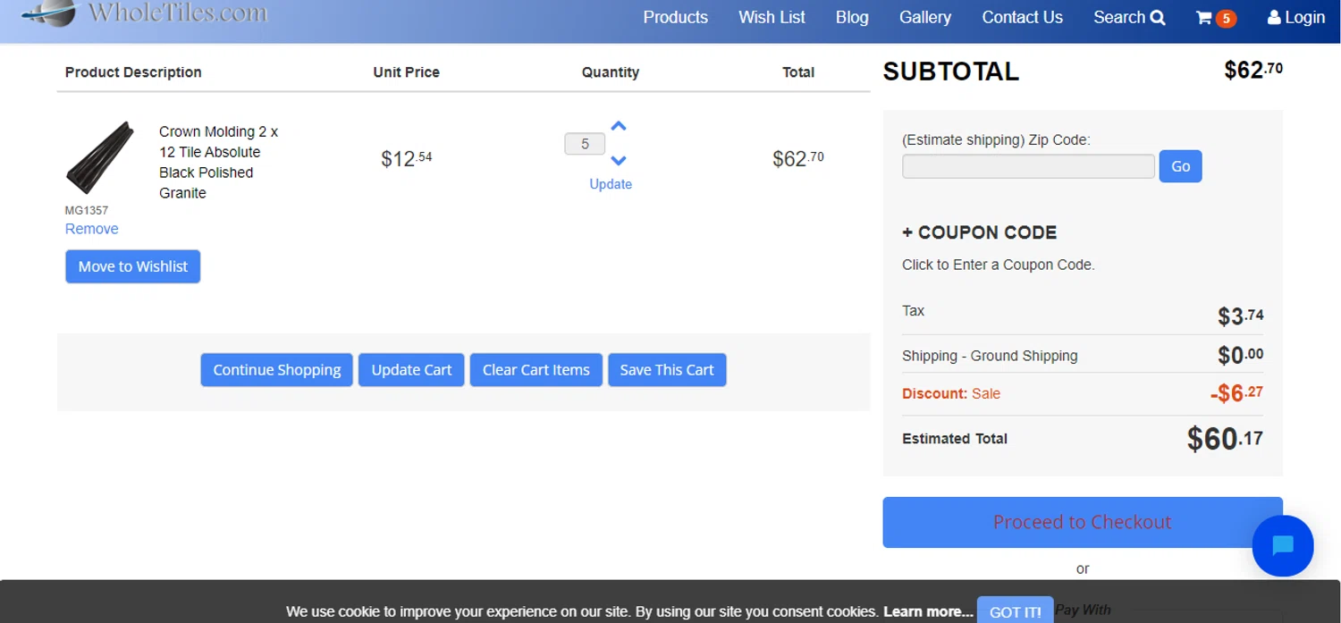 WholeTiles.com checkout page showing WholeTiles.com coupon code box | Screenshot taken by SimplyCodes community member on Sep 9, 2024