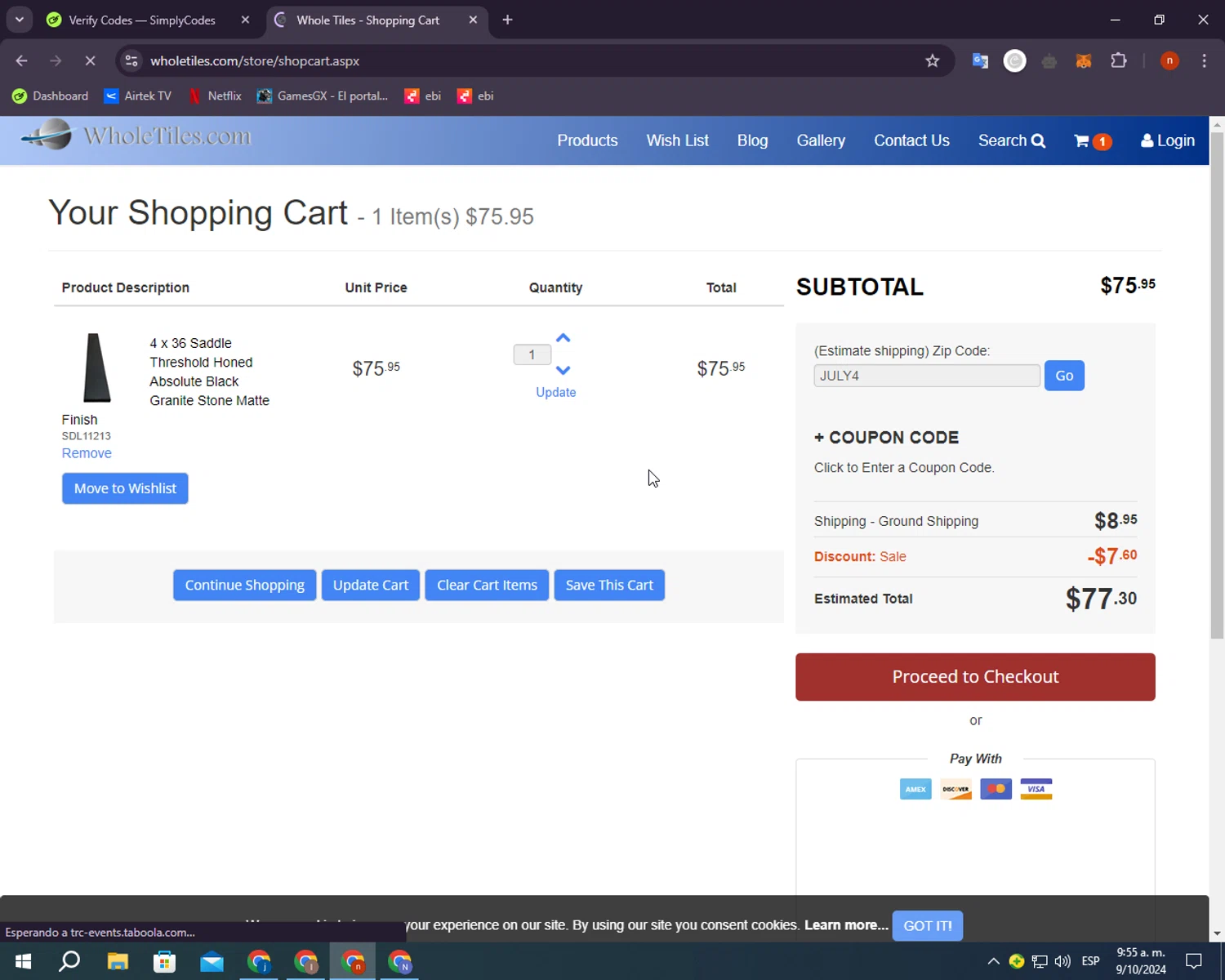 WholeTiles.com checkout page showing WholeTiles.com coupon code box | Screenshot taken by SimplyCodes community member on Oct 9, 2024