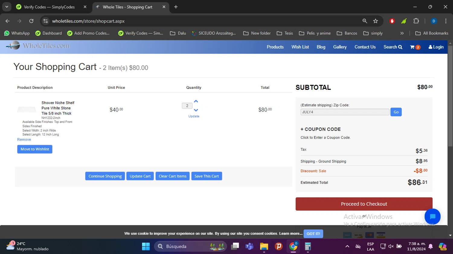 WholeTiles.com checkout page showing WholeTiles.com coupon code box | Screenshot taken by SimplyCodes community member on Aug 11, 2024