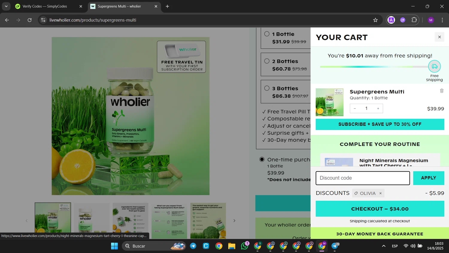 Wholier discount code screenshot showing code OLIVIA applied at Wholier checkout page. Uploaded by SimplyCodes community member jinwoo on Aug 14, 2025