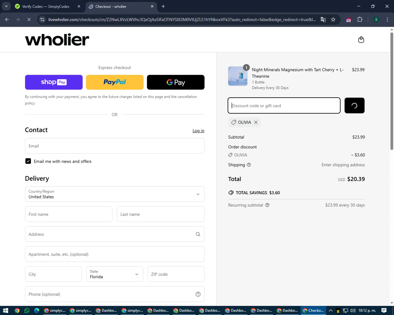 Wholier discount code screenshot showing code OLIVIA applied at Wholier checkout page. Uploaded by SimplyCodes community member lilMosey on Apr 4, 2025
