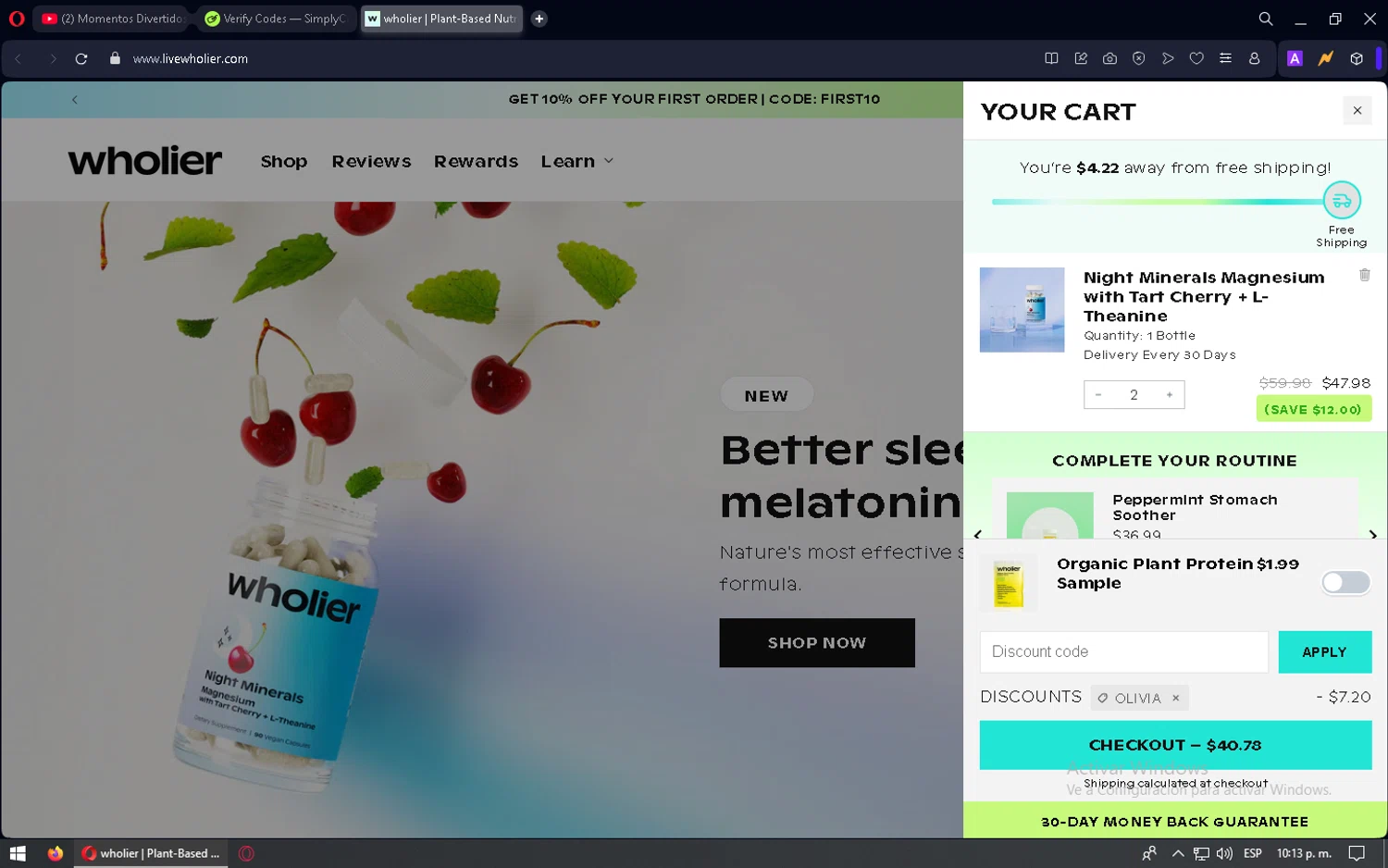 Wholier discount code screenshot showing code OLIVIA applied at Wholier checkout page. Uploaded by SimplyCodes community member mixelis on Apr 4, 2025