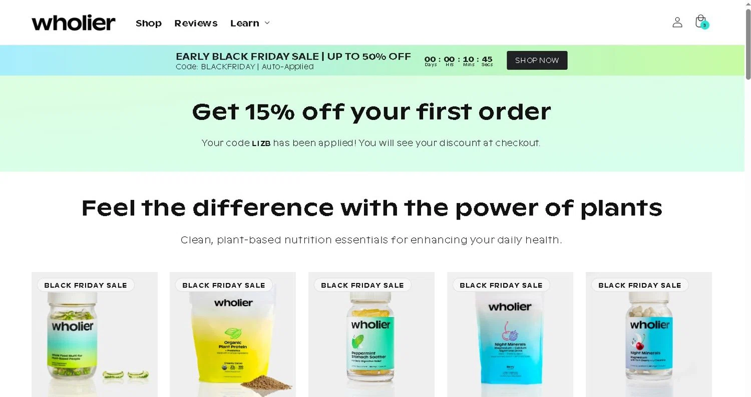 Wholier discount code screenshot showing code LIZB applied at Wholier checkout page. Uploaded by SimplyCodes community member LAMINEJAMAL on Nov 5, 2025