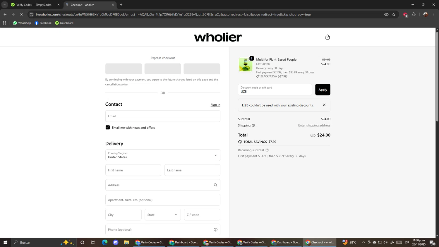 Wholier discount code screenshot showing code LIZB applied at Wholier checkout page. Uploaded by SimplyCodes community member ScanShopper554 on Nov 27, 2025
