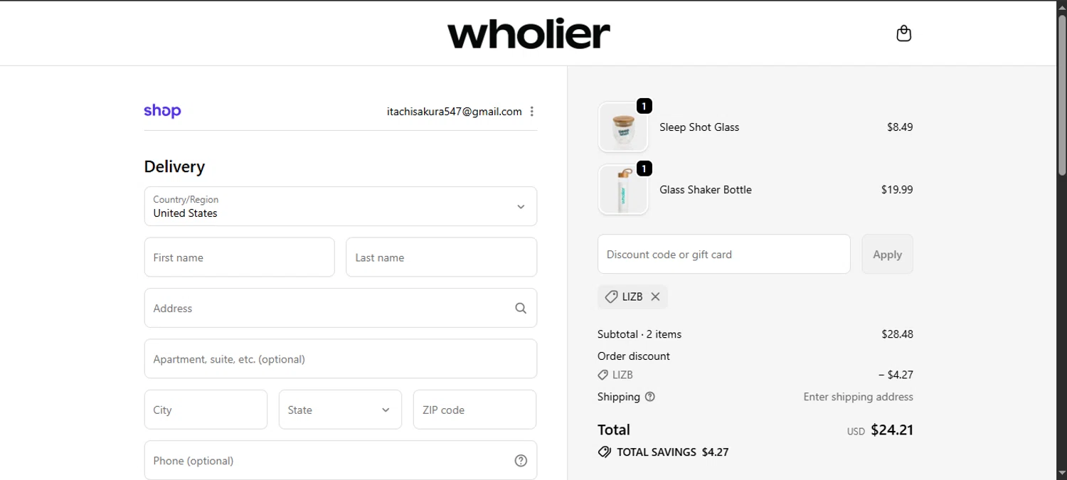 Wholier discount code screenshot showing code LIZB applied at Wholier checkout page. Uploaded by SimplyCodes community member noworries on Oct 8, 2025