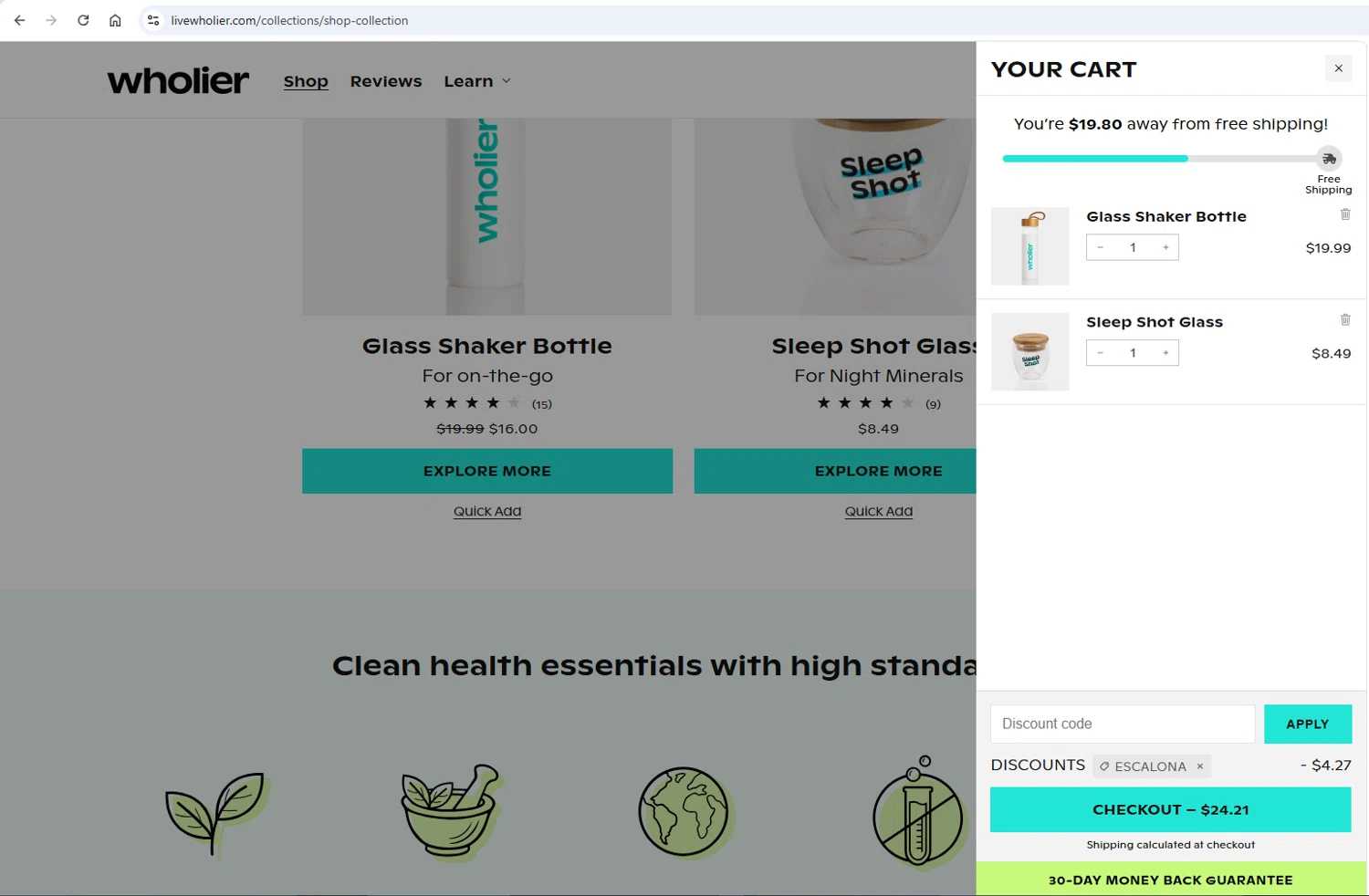 Wholier discount code screenshot showing code ESCALONA applied at Wholier checkout page. Uploaded by SimplyCodes community member AlexSierra on Nov 5, 2025