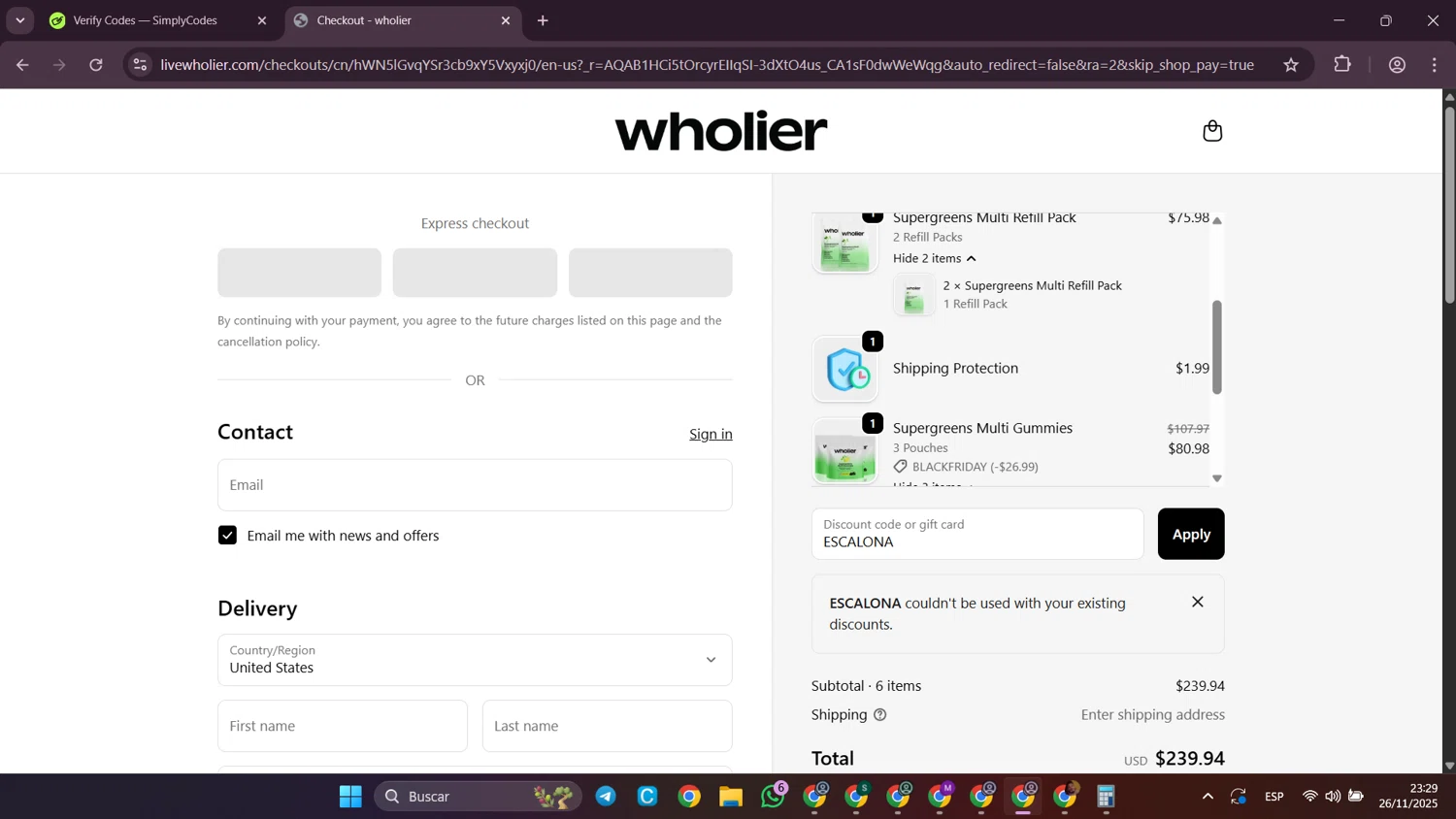 Wholier discount code screenshot showing code ESCALONA applied at Wholier checkout page. Uploaded by SimplyCodes community member SilverWhiz4145 on Nov 27, 2025