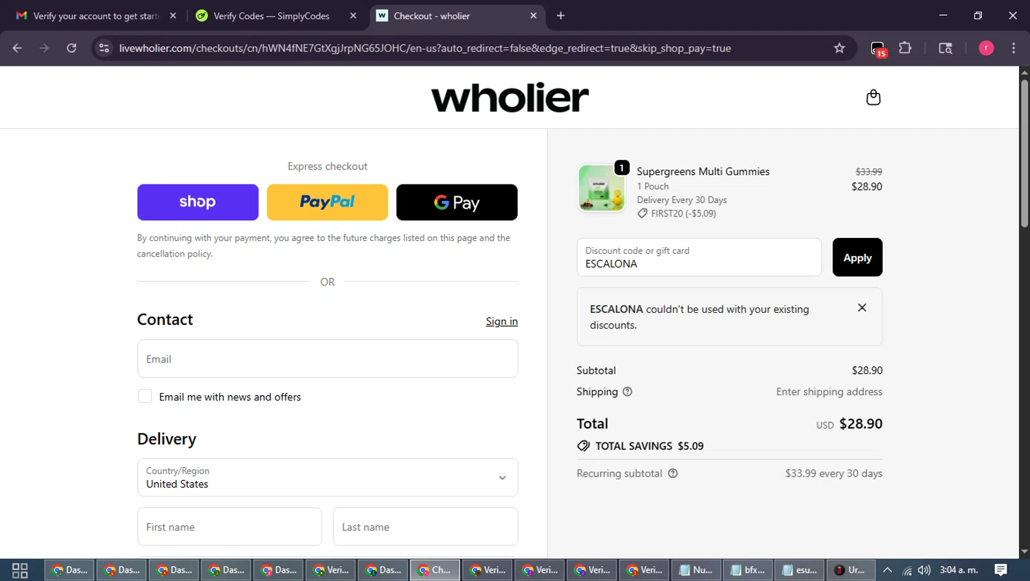 Wholier discount code screenshot showing code ESCALONA applied at Wholier checkout page. Uploaded by SimplyCodes community member WisePro3739 on Oct 29, 2025