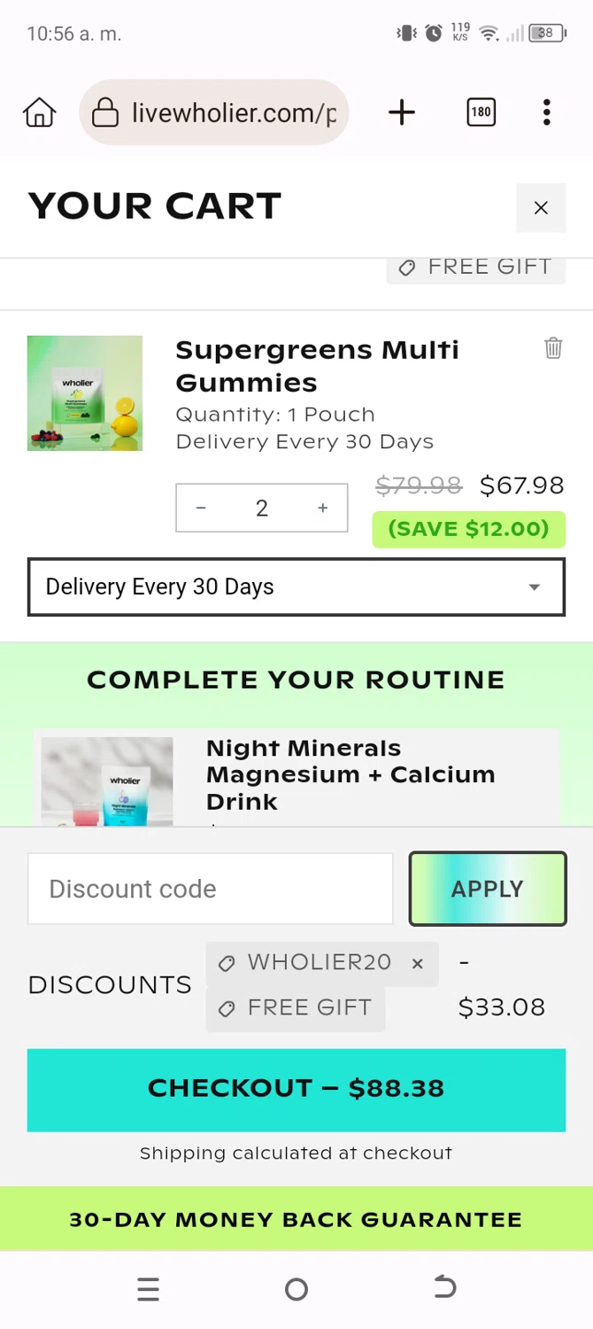 Wholier discount code screenshot showing code WHOLIER20 applied at Wholier checkout page. Uploaded by SimplyCodes community member BonusChaser4306 on Oct 20, 2025