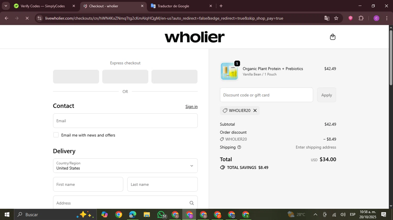 Wholier discount code screenshot showing code WHOLIER20 applied at Wholier checkout page. Uploaded by SimplyCodes community member FrugalPro5078 on Oct 20, 2025