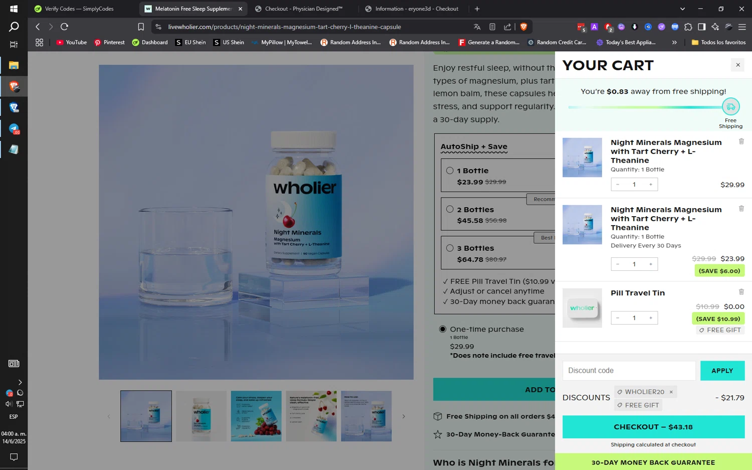 Wholier discount code screenshot showing code WHOLIER20 applied at Wholier checkout page. Uploaded by SimplyCodes community member ilarrazaM1 on Jun 14, 2025