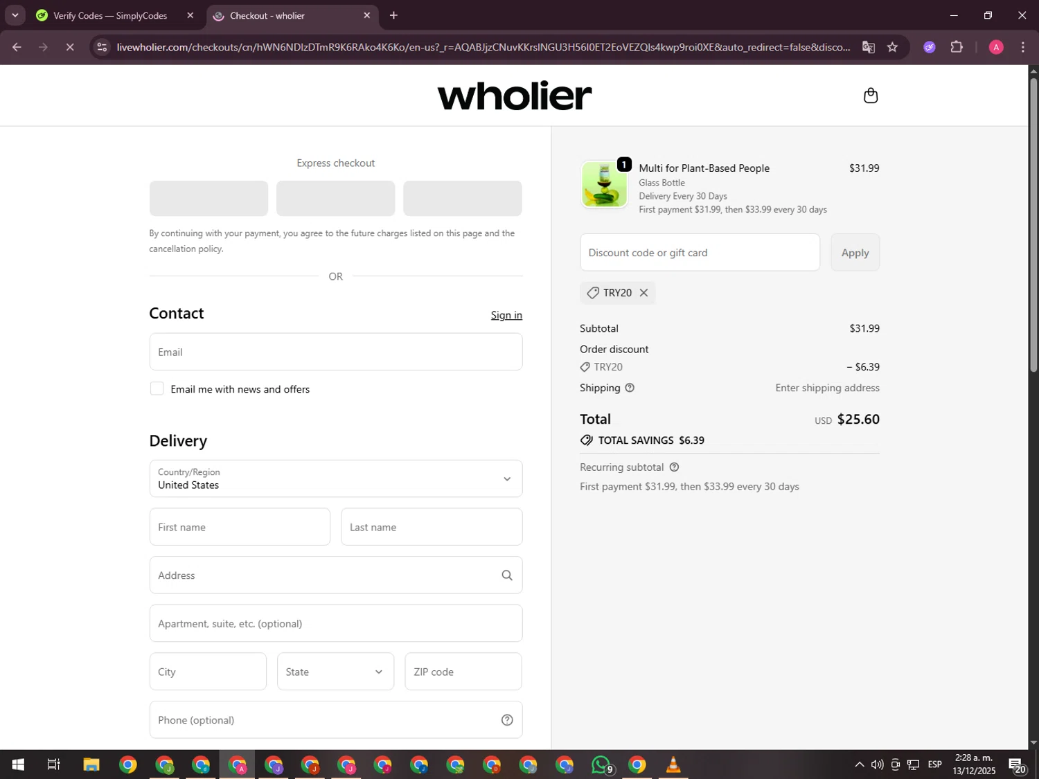 Wholier discount code screenshot showing code try20 applied at Wholier checkout page. Uploaded by SimplyCodes community member CrownHawk3462 on Dec 13, 2025