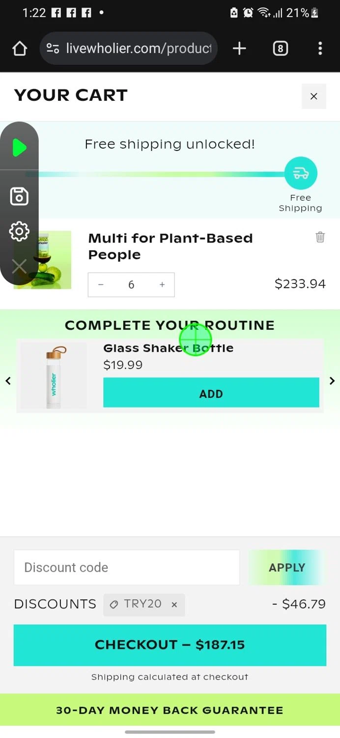 Wholier discount code screenshot showing code try20 applied at Wholier checkout page. Uploaded by SimplyCodes community member miguelcrast on May 19, 2025