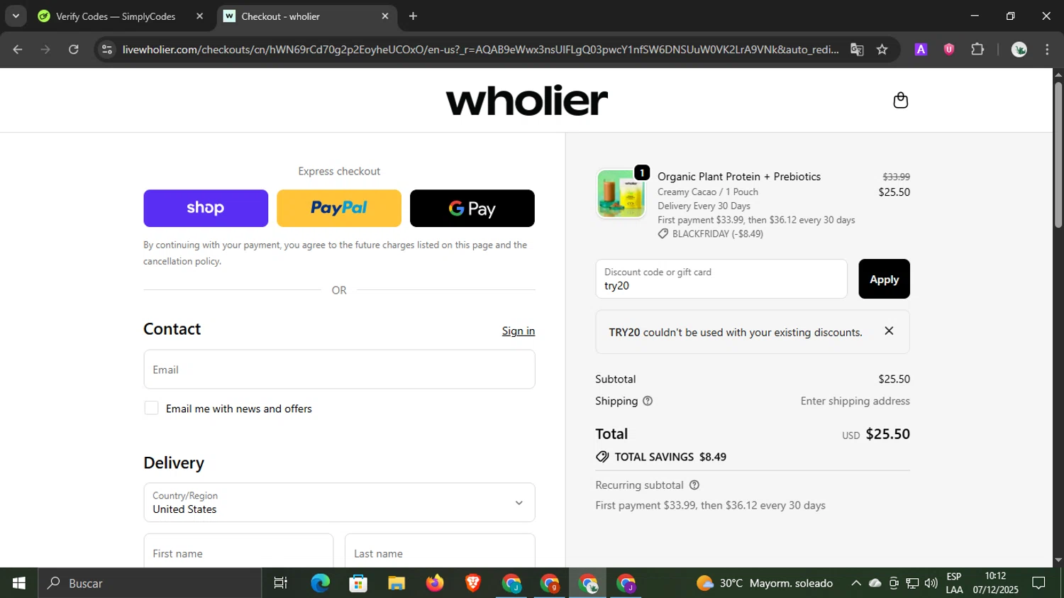 Wholier discount code screenshot showing code try20 applied at Wholier checkout page. Uploaded by SimplyCodes community member underwater on Dec 7, 2025