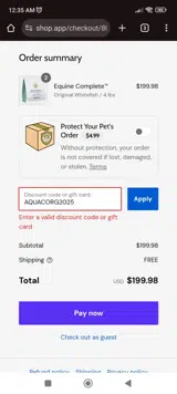 AQUACORG2025 coupon verification screenshot