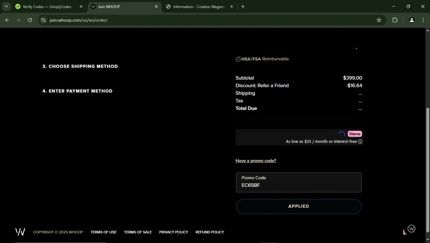 Whoop discount code screenshot showing code EC65BF applied at Whoop checkout page. Uploaded by SimplyCodes community member LegendaryFalcon5662 on Mar 15, 2025