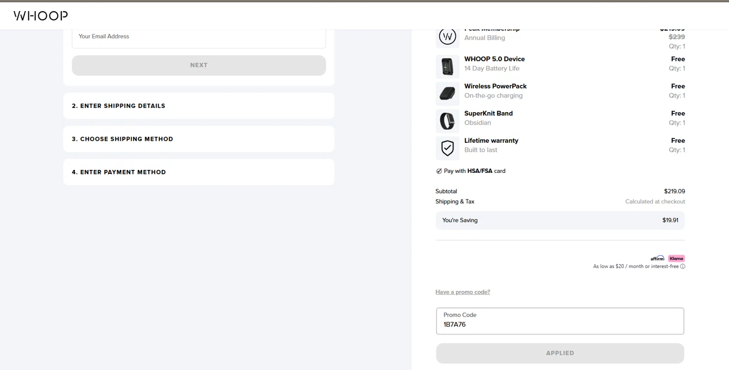 Whoop discount code screenshot showing code 1B7A76 applied at Whoop checkout page. Uploaded by SimplyCodes community member RoyalHunter7313 on Oct 14, 2025