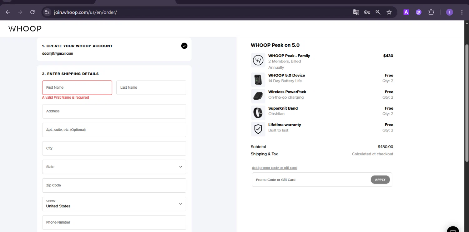 Verification screenshot for Free Gift Select Items at Whoop — 2mo ago