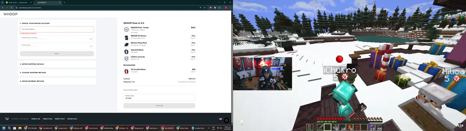 Whoop discount code screenshot showing code 3C2291 applied at Whoop checkout page. Uploaded by SimplyCodes community member ExtraordinaryVirtuoso281 on Oct 1, 2025