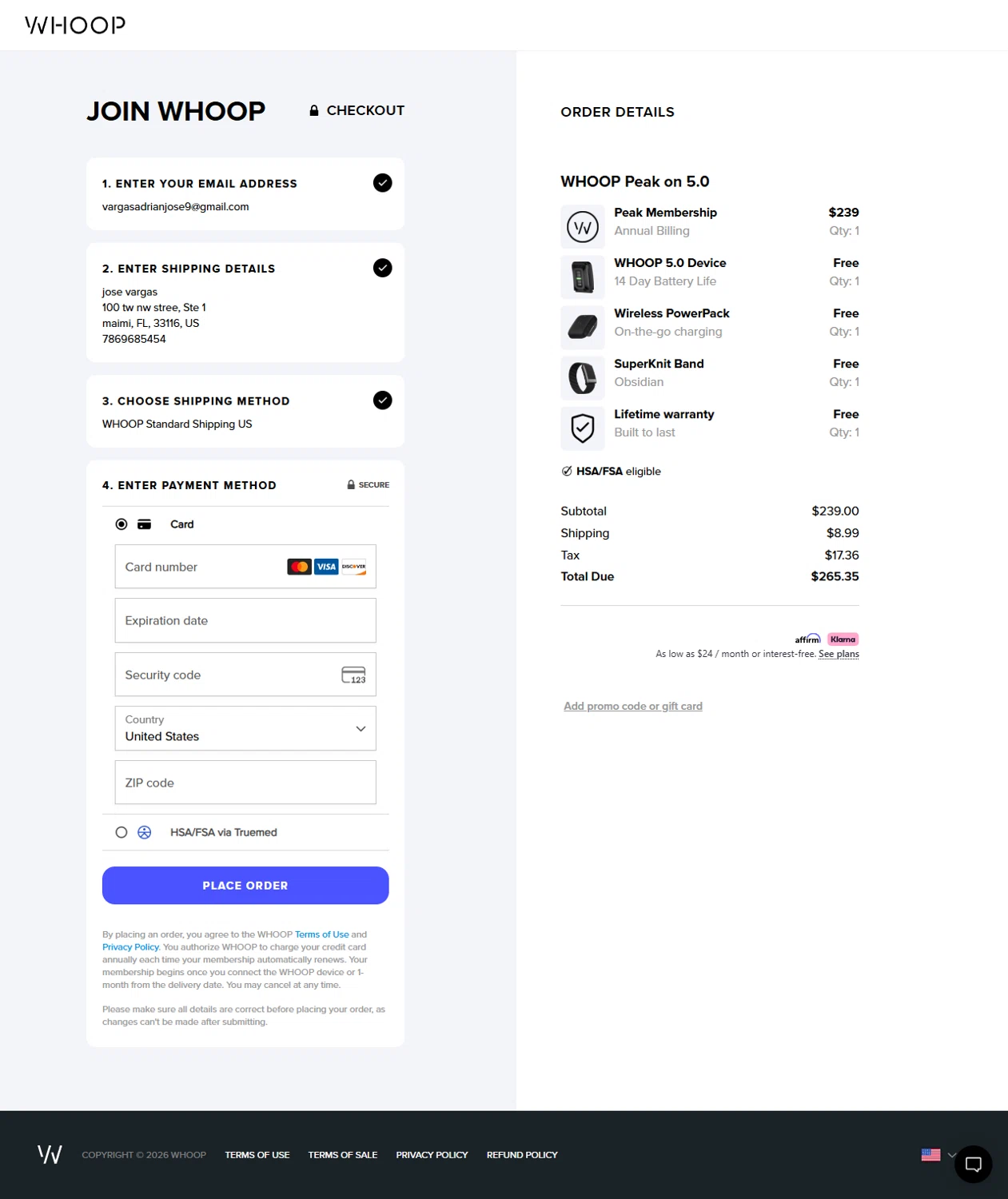 Whoop discount code screenshot showing code 3C2291 applied at Whoop checkout page. Uploaded by SimplyCodes community member Rossimar on Feb 5, 2026