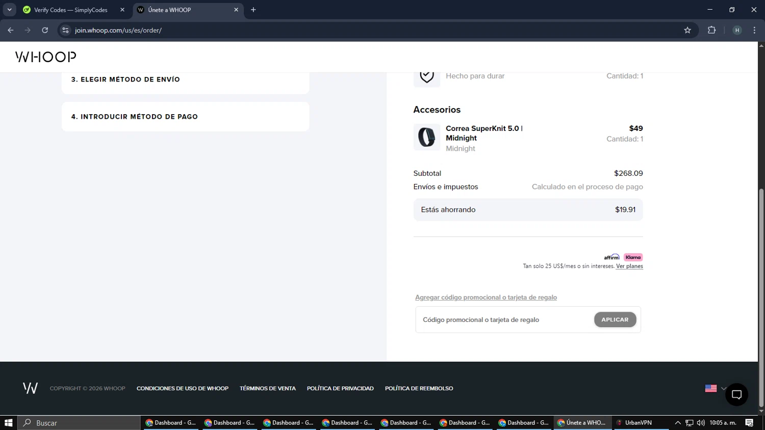 Whoop discount code screenshot showing code 3C2291 applied at Whoop checkout page. Uploaded by SimplyCodes community member SmartMaverick5327 on Jan 27, 2026