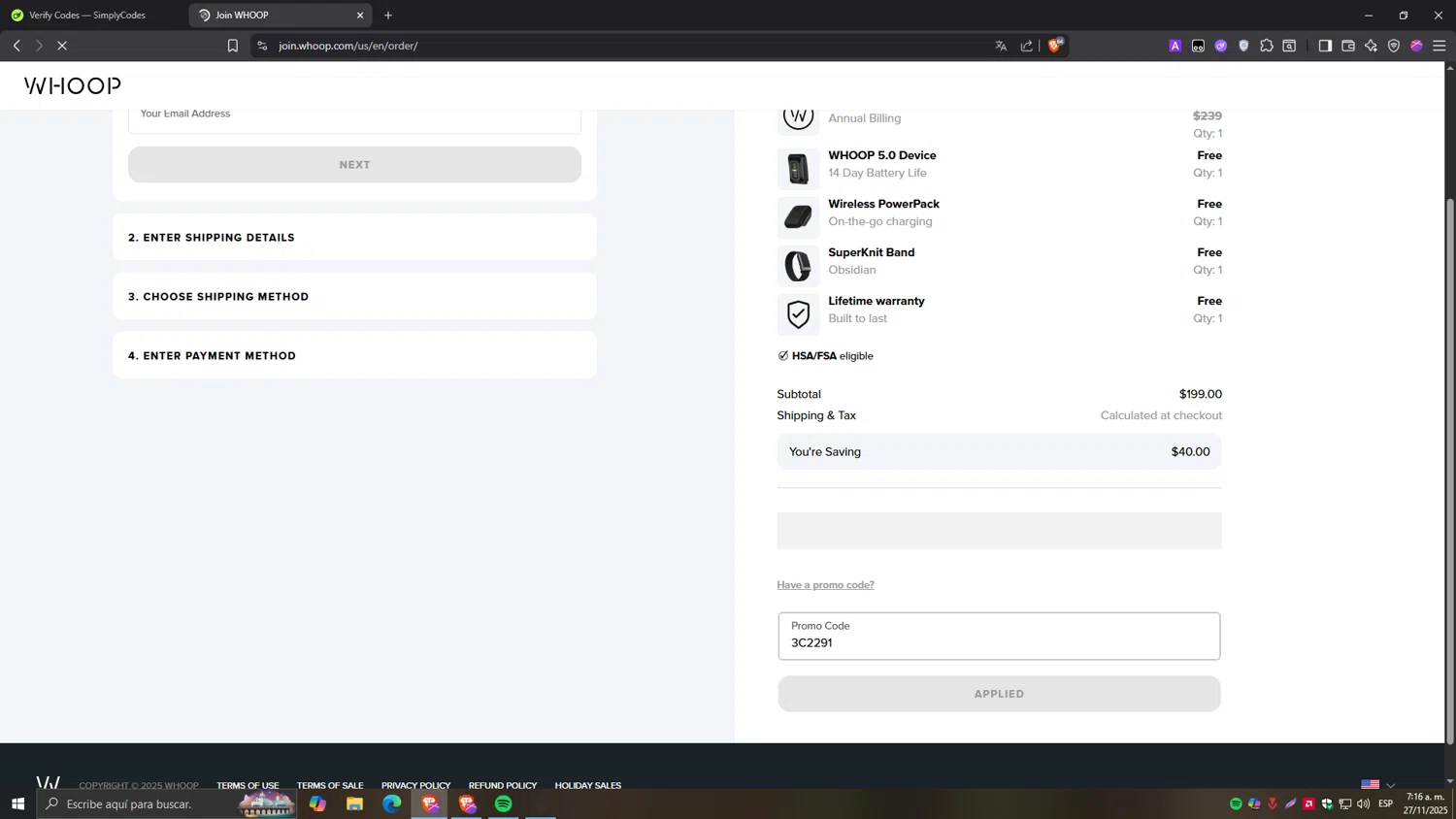 Whoop discount code screenshot showing code 3C2291 applied at Whoop checkout page. Uploaded by SimplyCodes community member Tragedy on Nov 27, 2025
