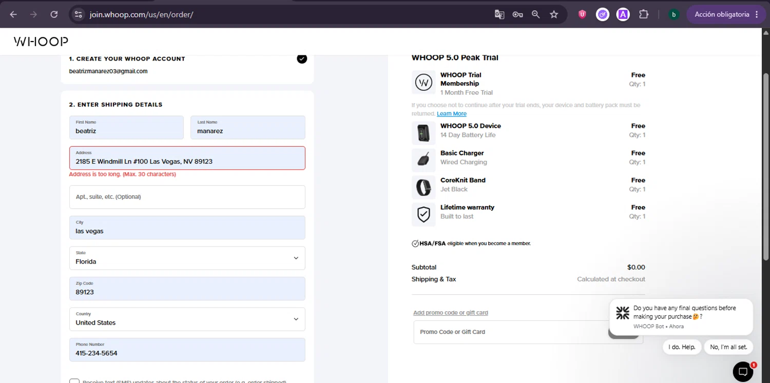 Verification screenshot for Free First Month Storewide at Whoop — 21d ago