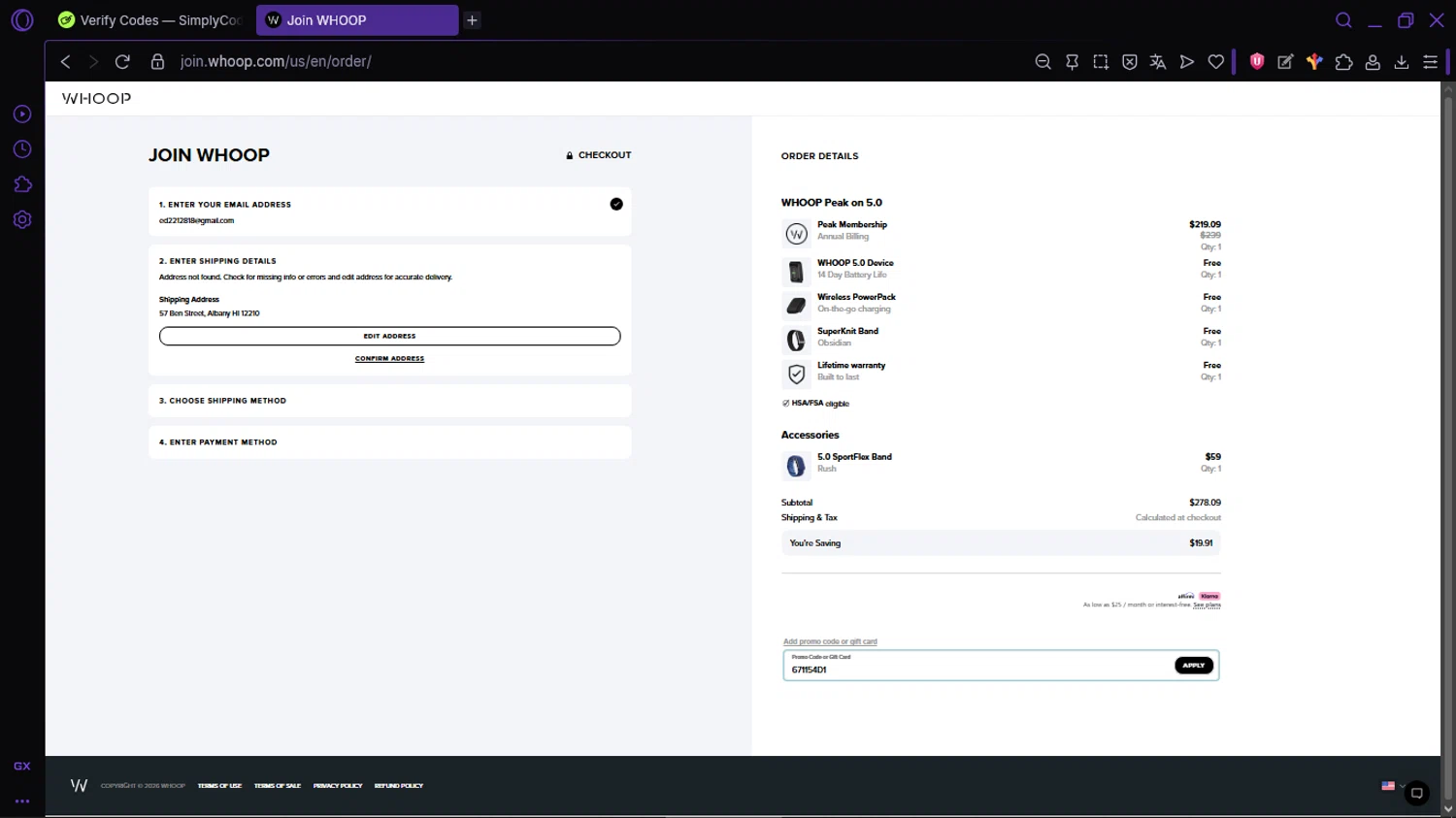 Verification screenshot for Free First Month Storewide at Whoop - 14d ago