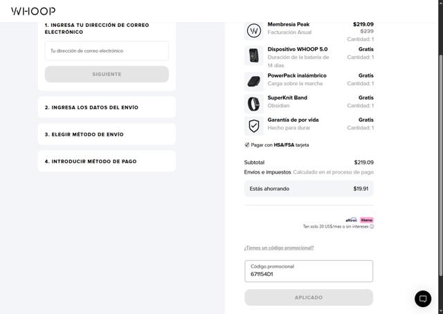 Whoop checkout page showing Whoop discount code box | Screenshot taken by SimplyCodes community member on Oct 1, 2025