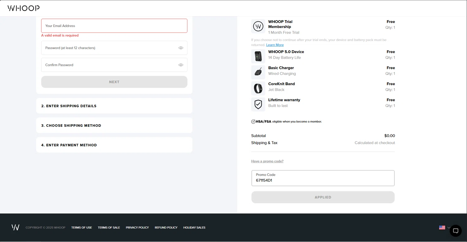 Whoop discount code screenshot showing code 671154D1 applied at Whoop checkout page. Uploaded by SimplyCodes community member Underaiki on Nov 30, 2025