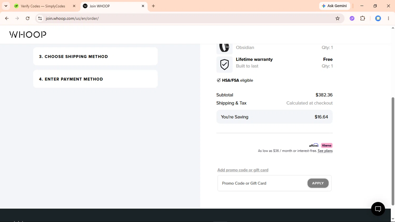 Verification screenshot for Free First Month Storewide at Whoop - 4d ago