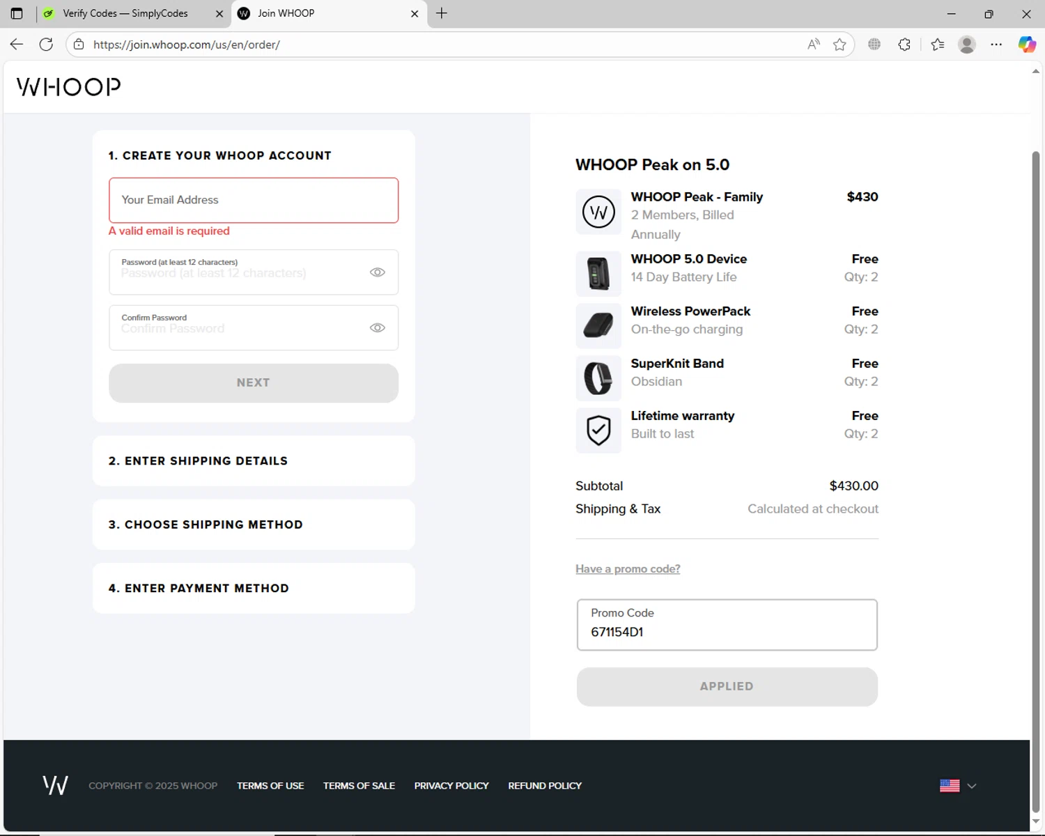 Whoop discount code screenshot showing code 671154D1 applied at Whoop checkout page. Uploaded by SimplyCodes community member jhoanDepp on Oct 11, 2025