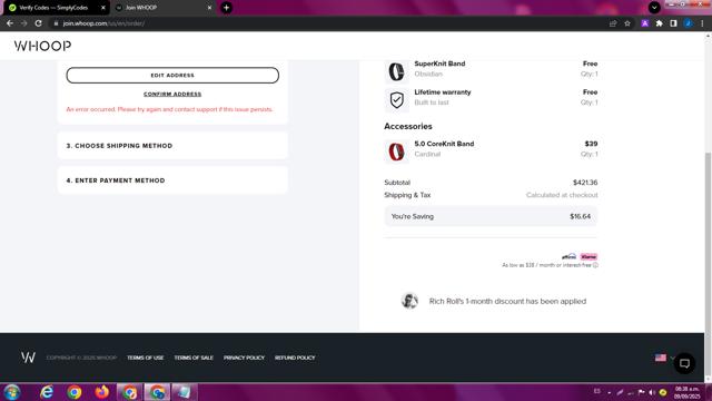 Whoop checkout page showing Whoop discount code box | Screenshot taken by SimplyCodes community member on Sep 9, 2025
