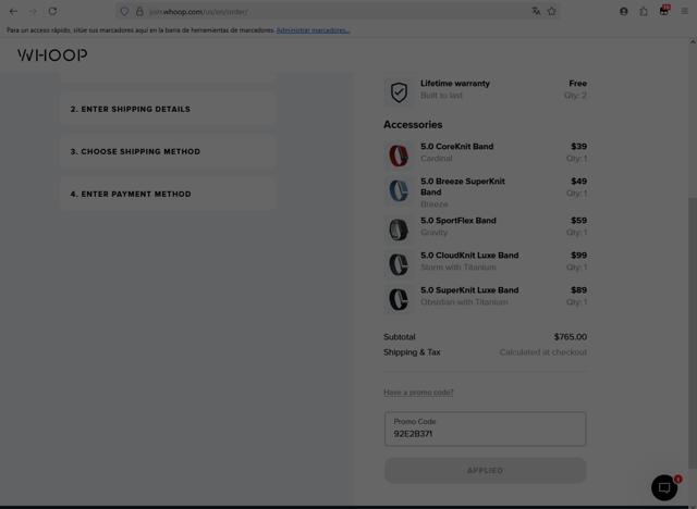Whoop checkout page showing Whoop discount code box | Screenshot taken by SimplyCodes community member on Sep 7, 2025