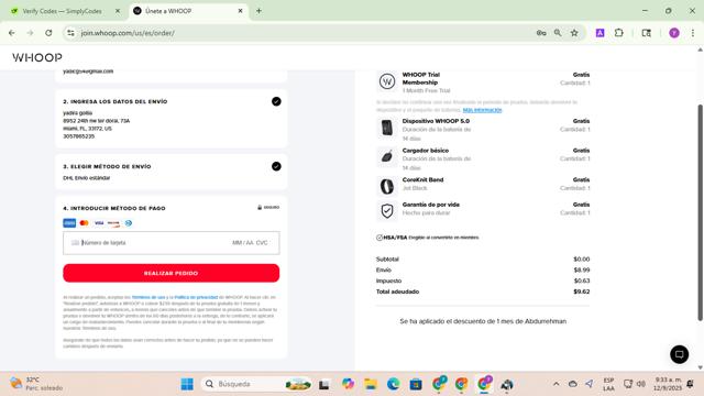 Whoop checkout page showing Whoop discount code box | Screenshot taken by SimplyCodes community member on Sep 12, 2025