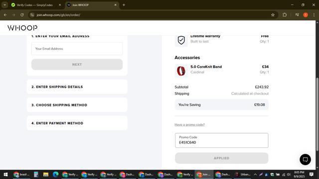 Whoop checkout page showing Whoop discount code box | Screenshot taken by SimplyCodes community member on Sep 10, 2025