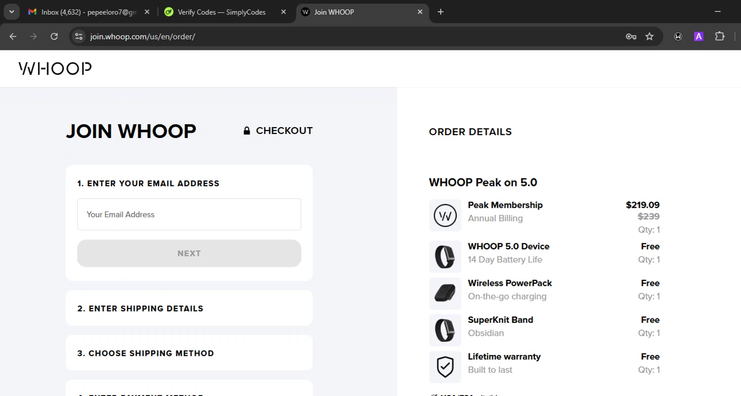 Whoop discount code screenshot showing code FAFB71CE applied at Whoop checkout page. Uploaded by SimplyCodes community member Eminem on Feb 19, 2026