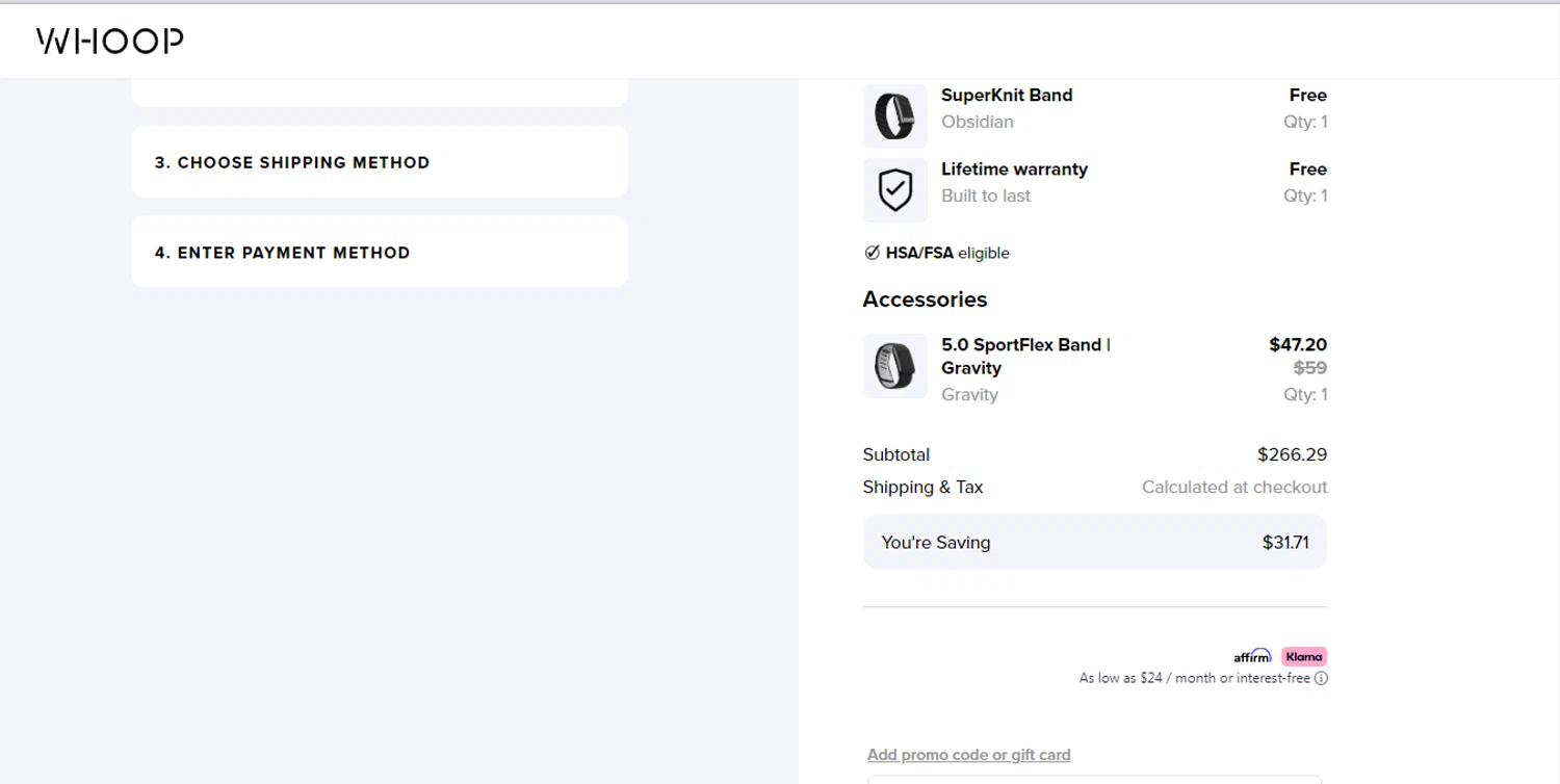 Whoop checkout page showing Whoop discount code box | Screenshot taken by SimplyCodes community member on Dec 31, 2025