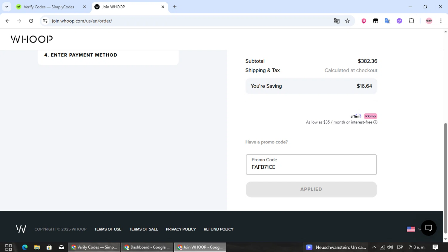 Whoop discount code screenshot showing code FAFB71CE applied at Whoop checkout page. Uploaded by SimplyCodes community member MagnificentWizard8353 on Dec 6, 2025
