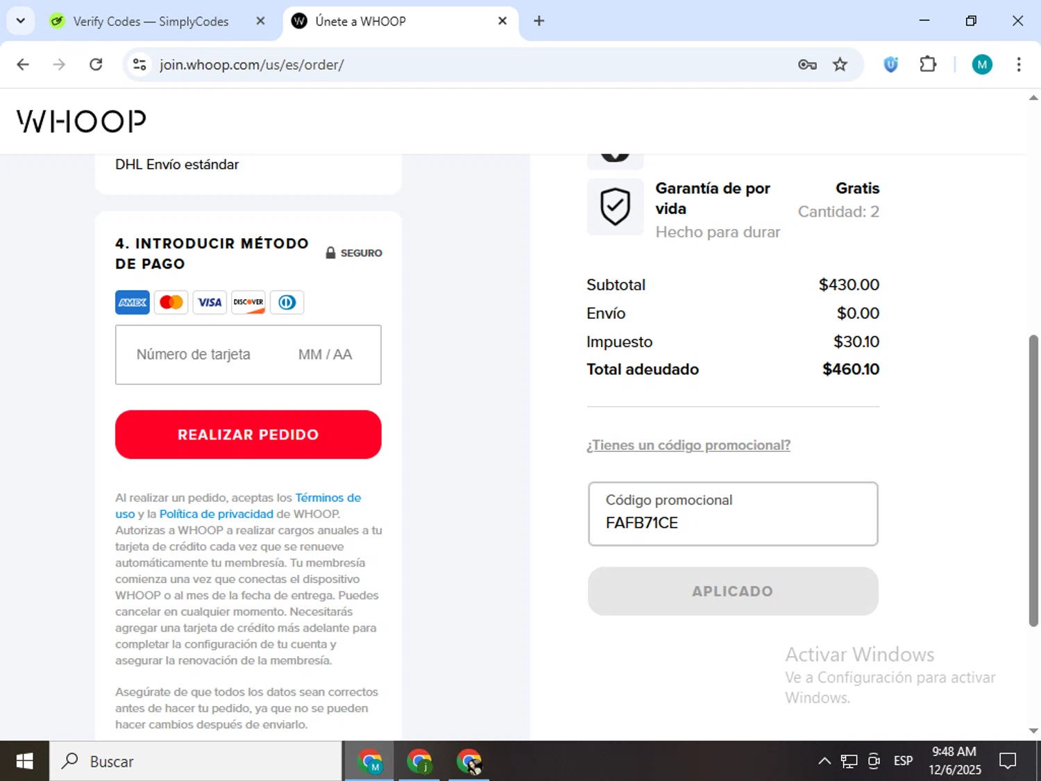 Whoop discount code screenshot showing code FAFB71CE applied at Whoop checkout page. Uploaded by SimplyCodes community member estrellaveloz on Dec 6, 2025