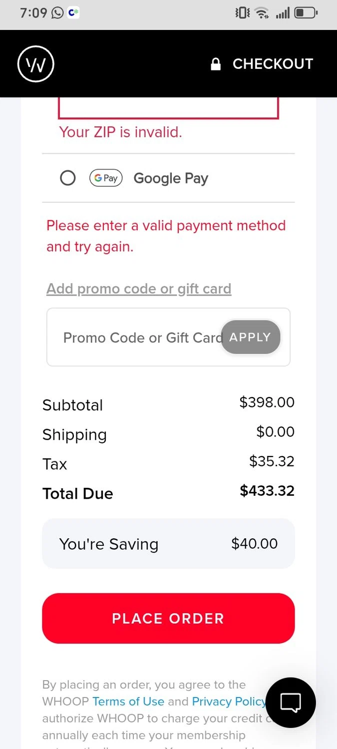 Whoop checkout page showing Whoop discount code box | Screenshot taken by SimplyCodes community member on Dec 26, 2025
