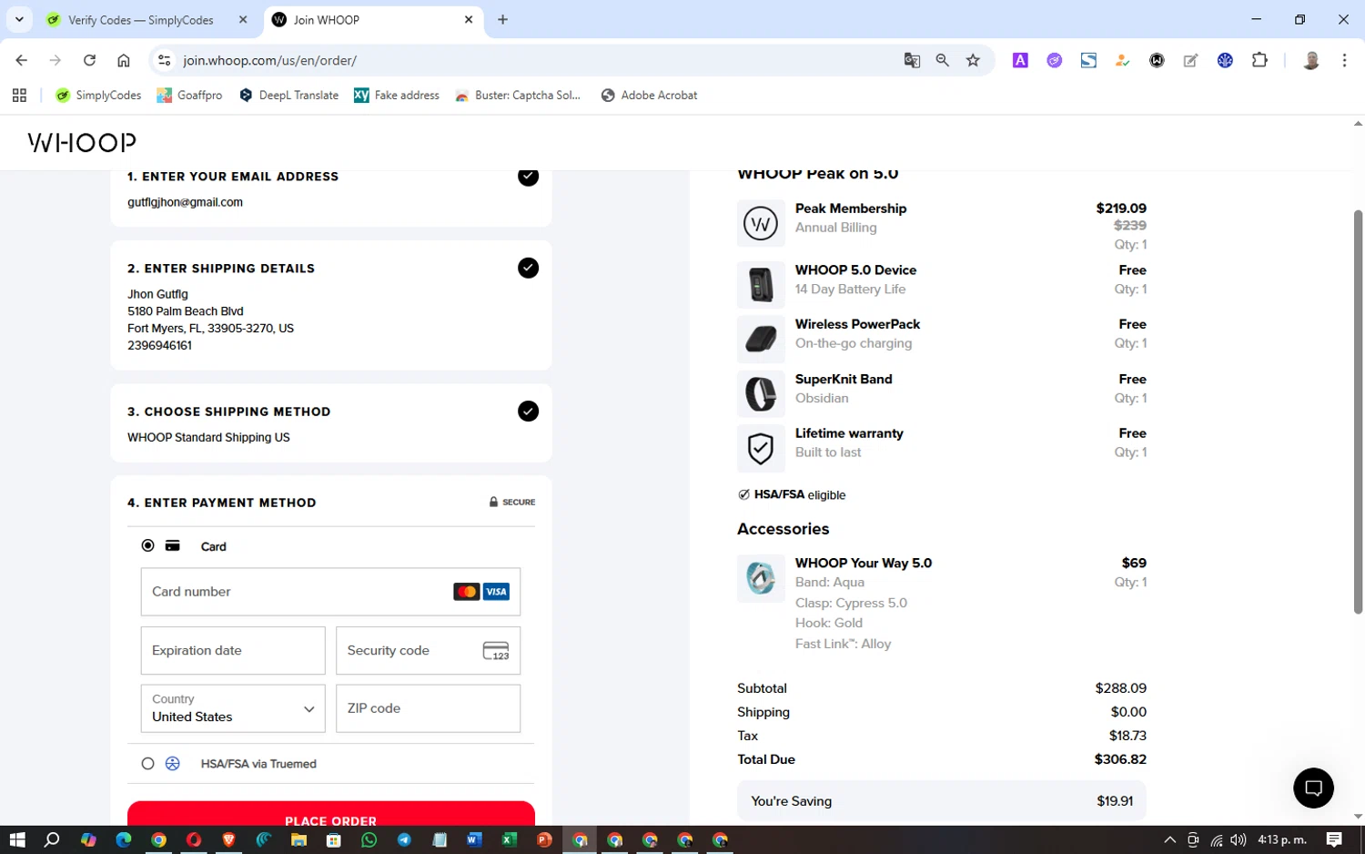 Whoop checkout page showing Whoop discount code box | Screenshot taken by SimplyCodes community member on Dec 22, 2025