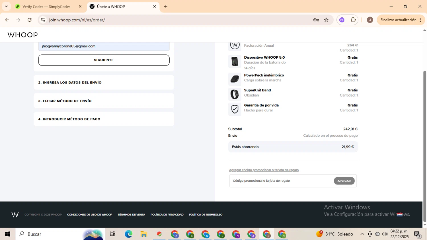 Whoop checkout page showing Whoop discount code box | Screenshot taken by SimplyCodes community member on Dec 22, 2025