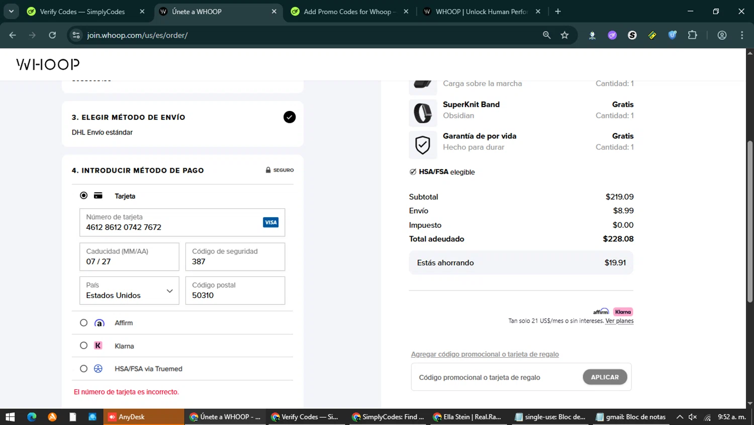 Whoop checkout page showing Whoop discount code box | Screenshot taken by SimplyCodes community member on Jan 31, 2026
