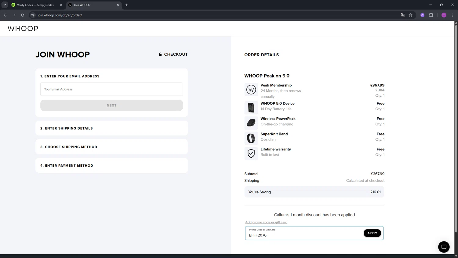 Verification screenshot for 1 Month Free Storewide (new Customers Only) at Whoop - 11d ago