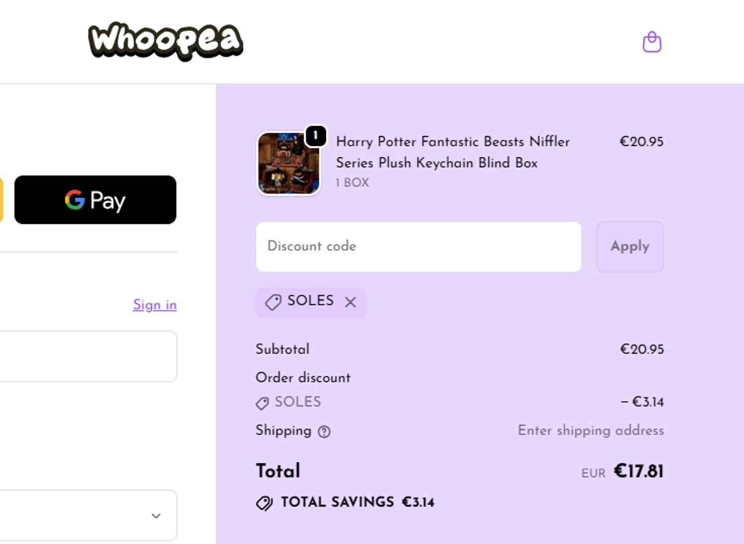 Whoopea discount code screenshot showing code SOLES applied at Whoopea checkout page. Uploaded by SimplyCodes community member SilverMakeup on Jan 28, 2026