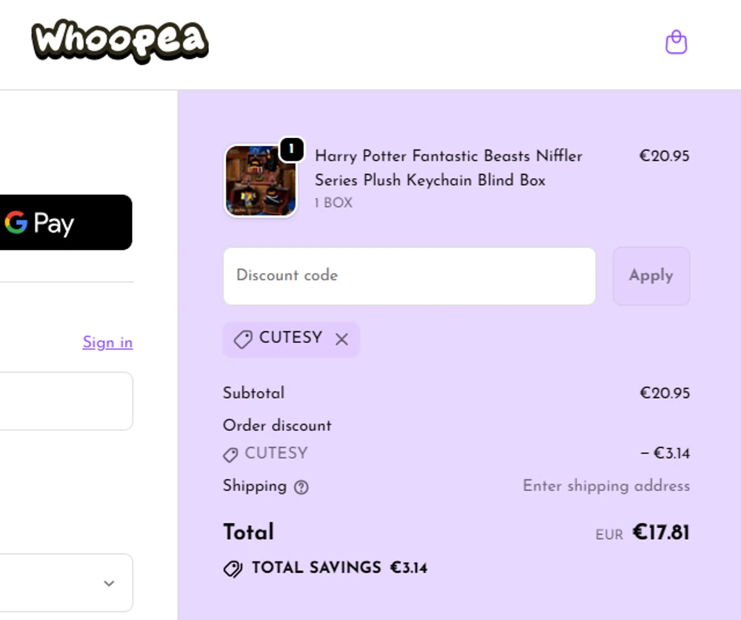 Whoopea discount code screenshot showing code CUTESY applied at Whoopea checkout page. Uploaded by SimplyCodes community member SilverMakeup on Jan 28, 2026